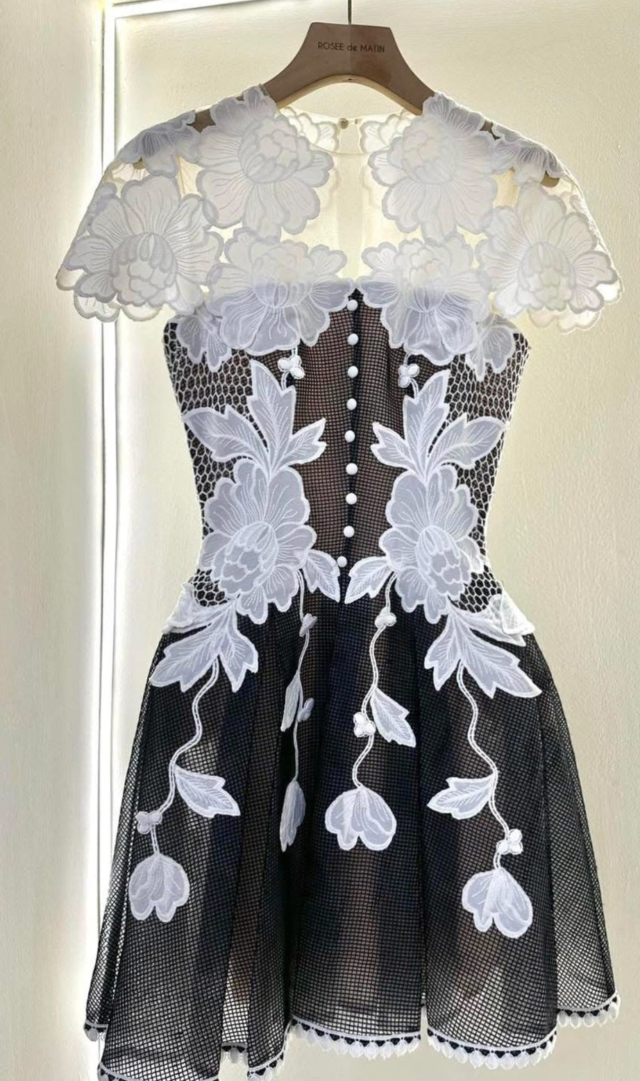 black-white lace flower embellished mini dress