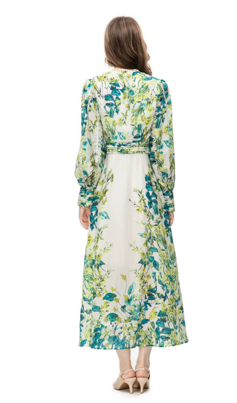 GREEN FLORAL PRINTED MAXI DRESS