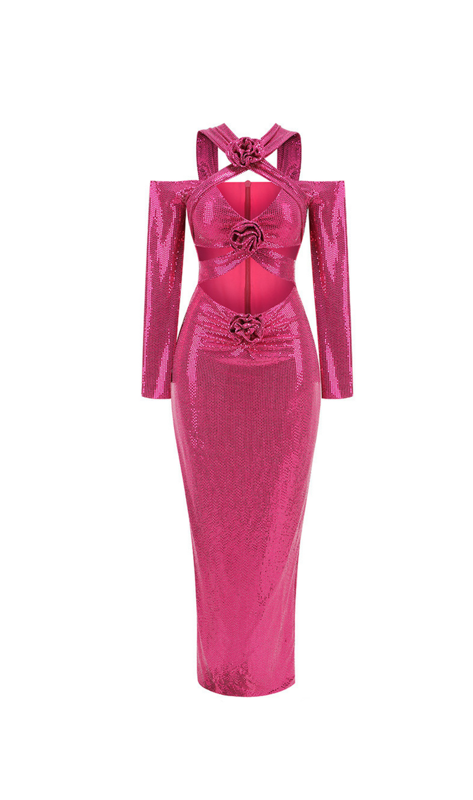 Abito lungo con paillettes e ritagli floreali Lowen in rosa