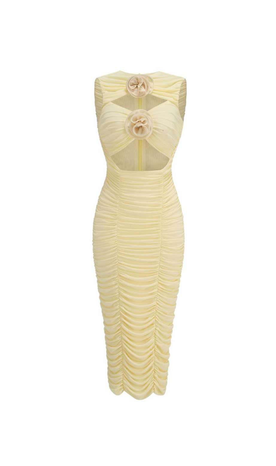 AMELIA SLEEVELESS FLOWER BLOOM MIDI DRESS IN LIGHT YELLOW