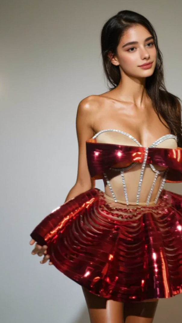 AIIZIE CRYSTAL METALLIC SKIRT SET IN RED - product image