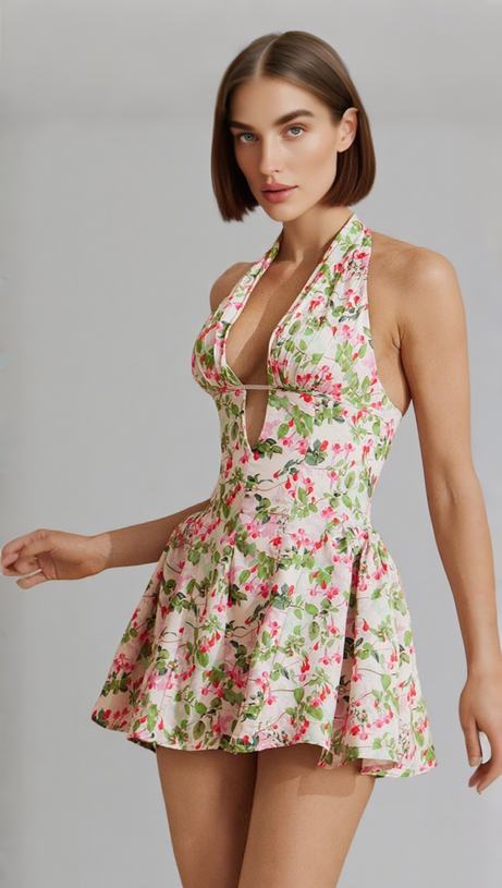PLUNGE NECK FLORAL MINI DRESS