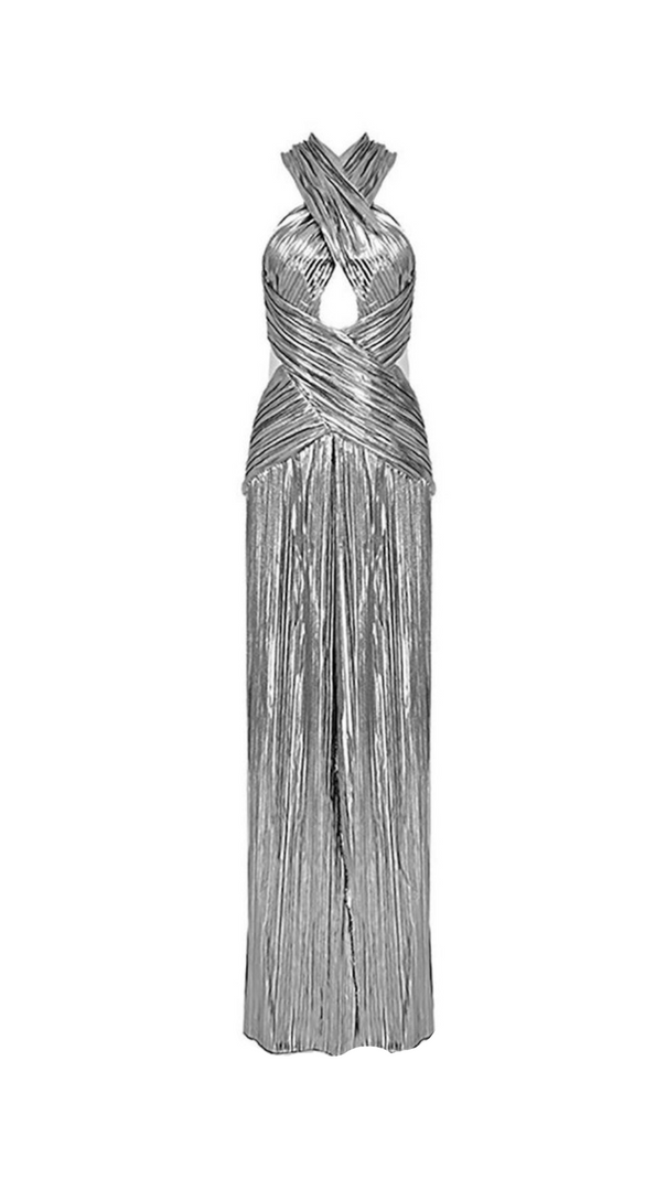 AIIZIE ELSA METALLIC CRISS CROSS HALTER NECK GOWN - product image