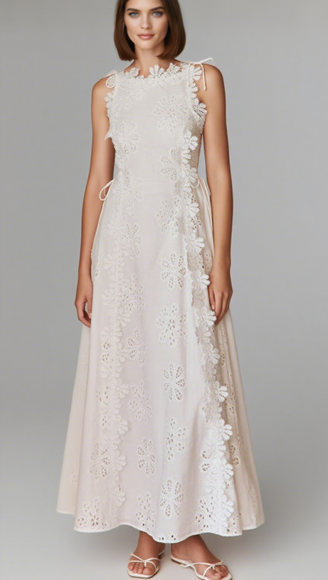 LACE TRIM EMBROIDERY HOLLOW MIDI DRESS IN WHITE