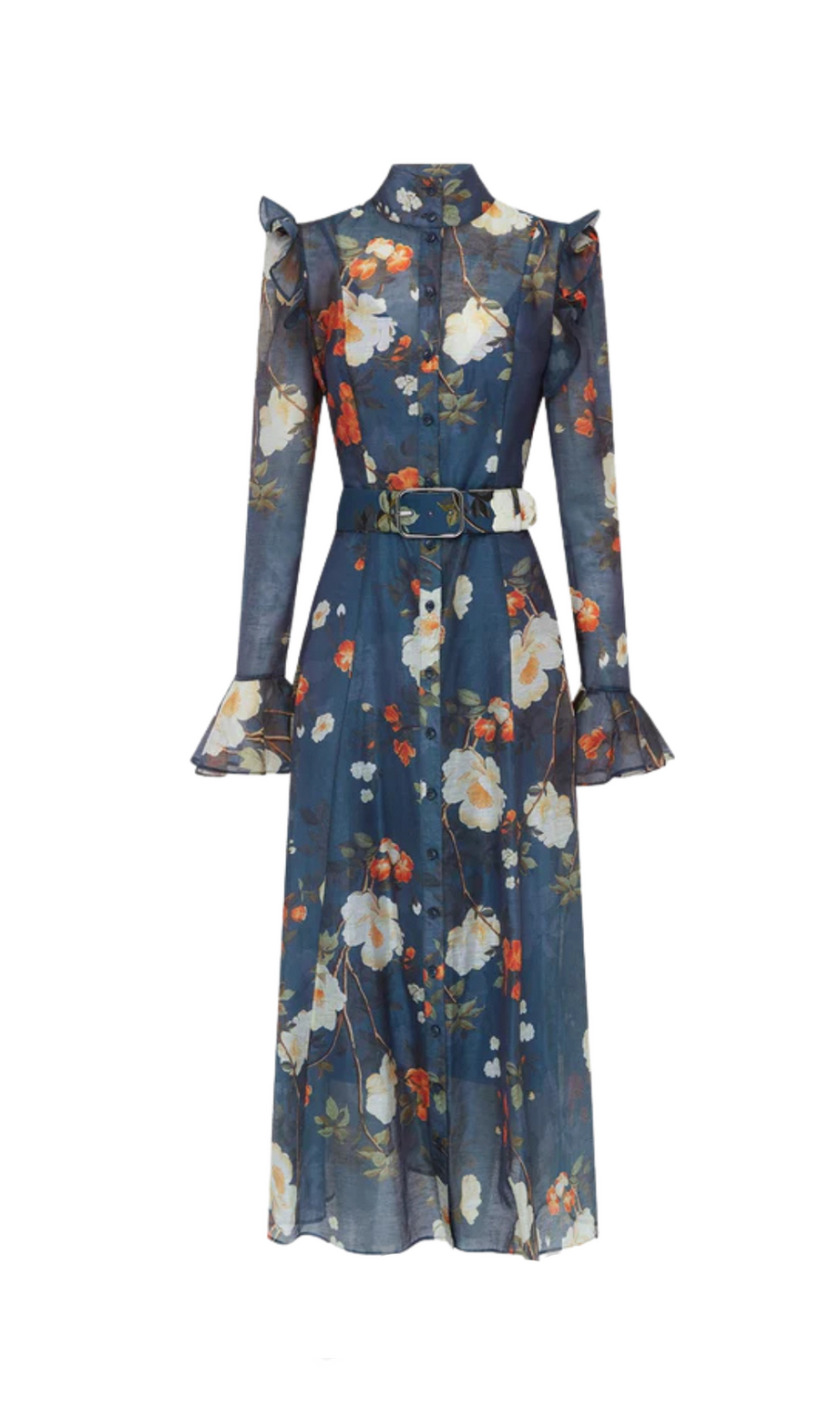 Midikleid mit Schmetterlingsärmeln und Birnenblüten-Print