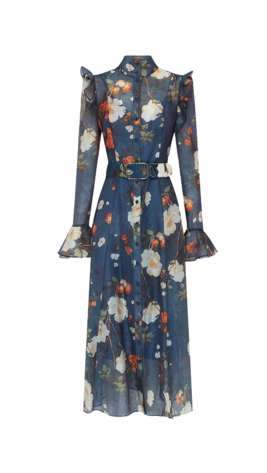 PEAR BLOSSOM PRINT BUTTERFLY SLEEVE MIDI DRESS