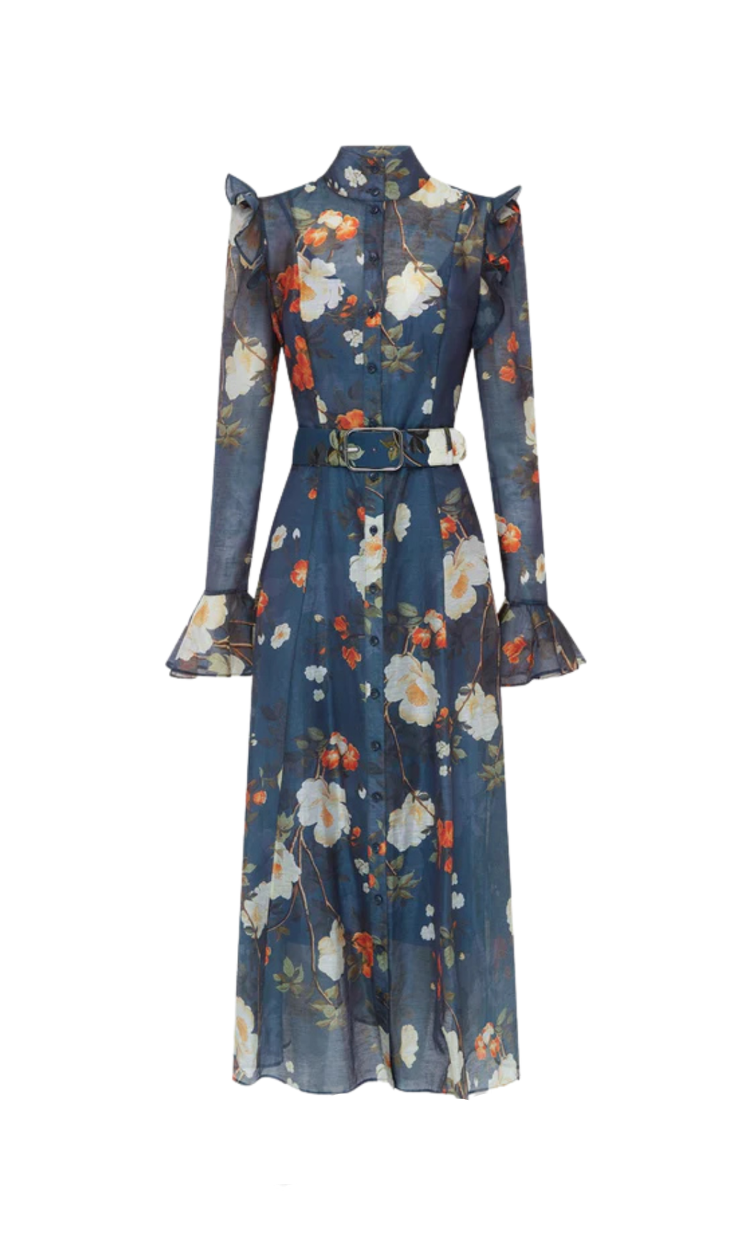 PEAR BLOSSOM PRINT BUTTERFLY SLEEVE MIDI DRESS