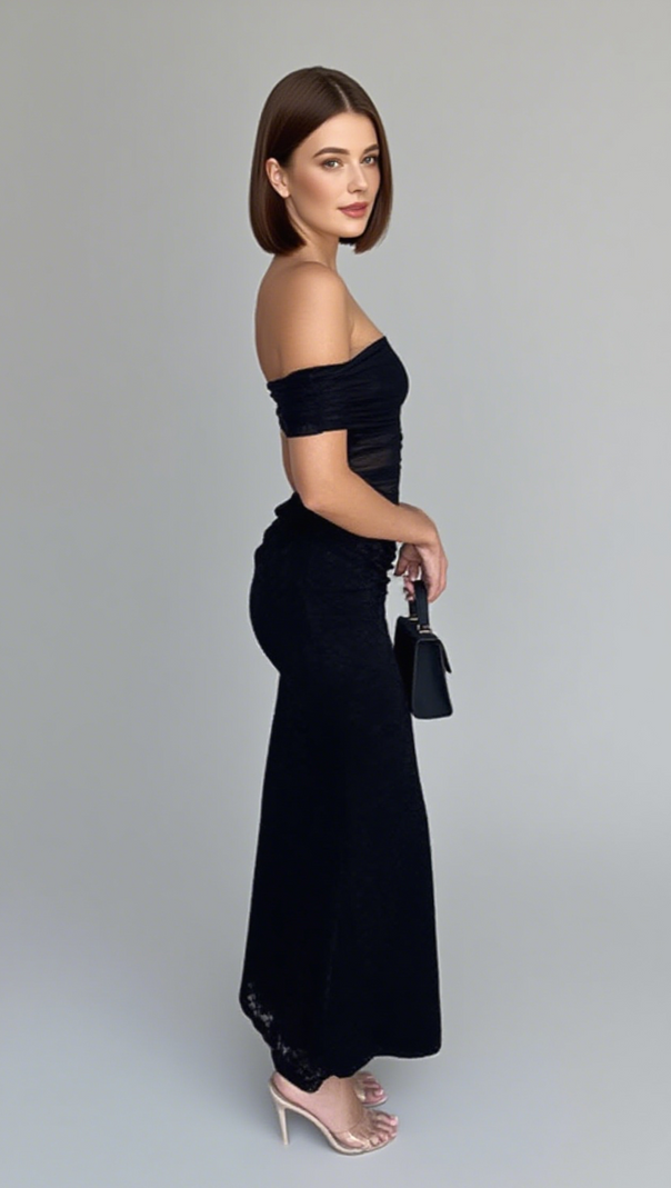 AIIZIE OFF SHOULDER RUCHED LACE MIDI DRESS IN BLACK - product image