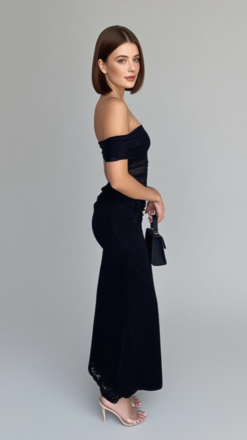 OFF SHOULDER RUCHED LACE MIDI DRESS IN BLACK