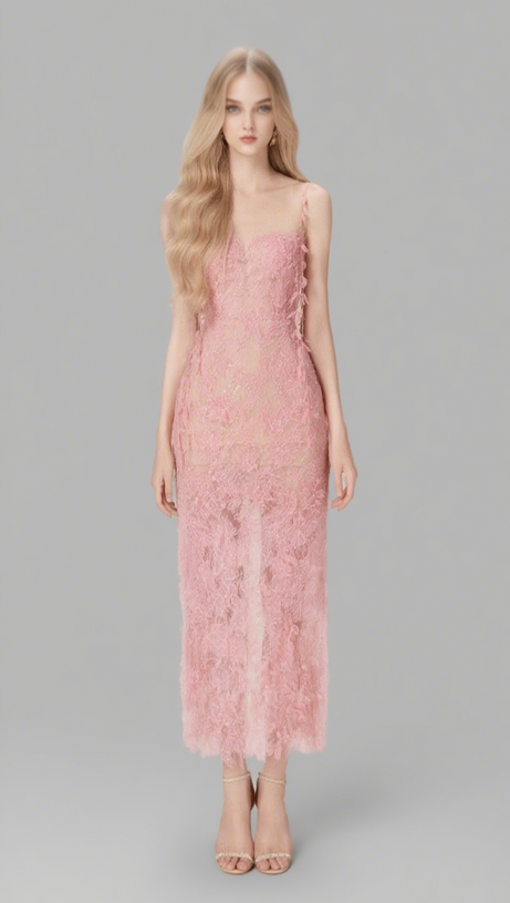 PINK BEADED LACE PENCEL DRESS