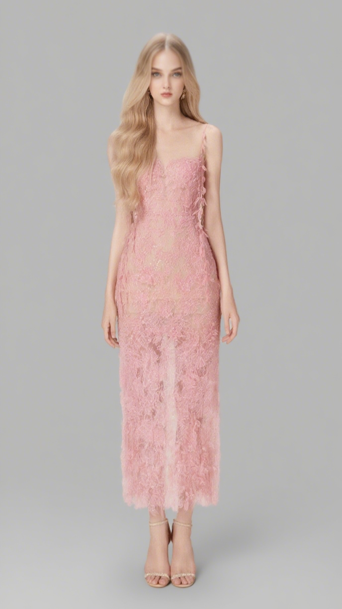 PINK BEADED LACE PENCEL DRESS