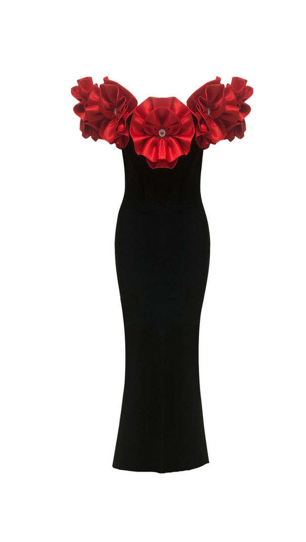 AIIZIE RED FLOWER EMBELLISHED STRAPLESS BANDAGE MAXI DRESS - product image