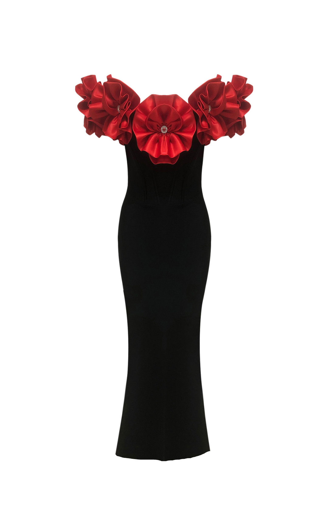 RED FLOWER EMBELLISHED STRAPLESS BANDAGE MAXI DRESS