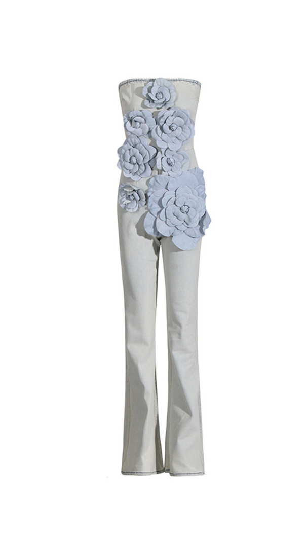 AIIZIE BERLIN FLORAL DENIM JUMPSUIT IN LIGHT WASH - product image