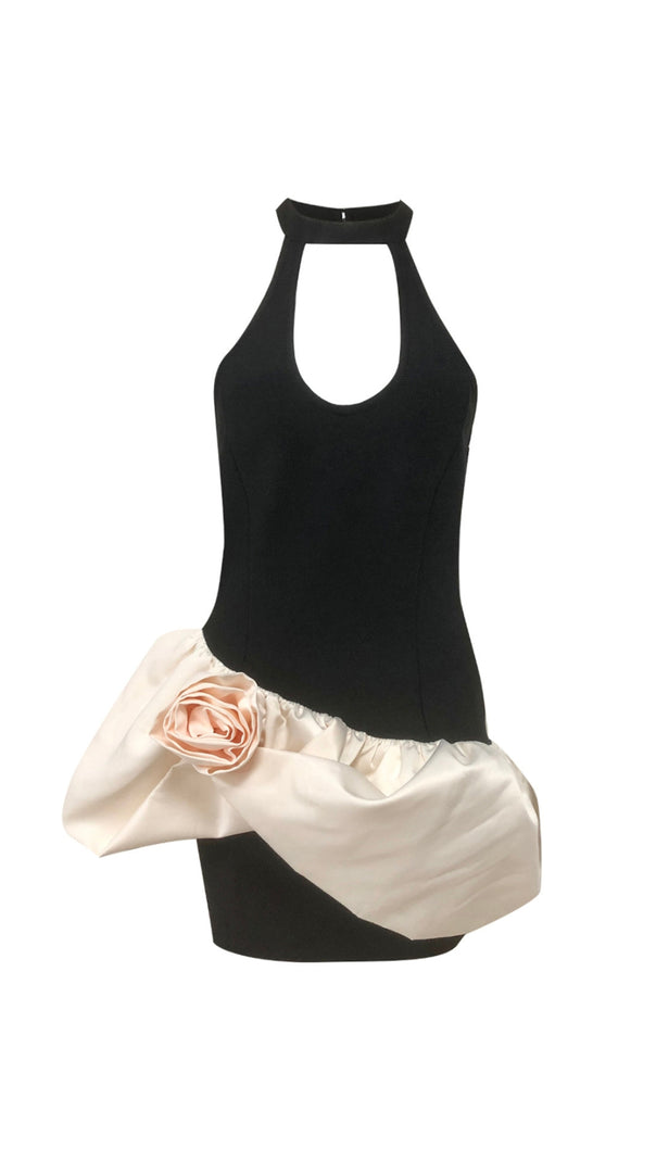 AIIZIE HALTER FLORAL PUFF DRESS BLACK IVORY MINI DRESS - product image