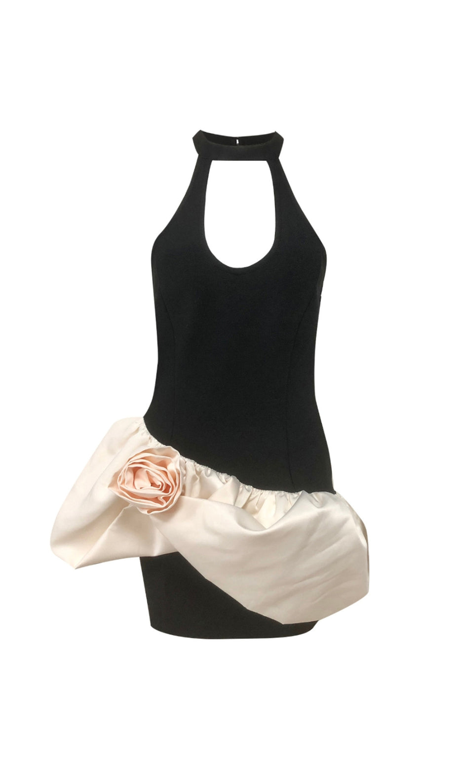 HALTER FLORAL PUFF DRESS BLACK IVORY MINI DRESS