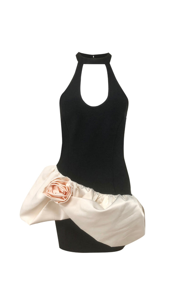 HALTER FLORAL PUFF DRESS BLACK IVORY MINI DRESS
