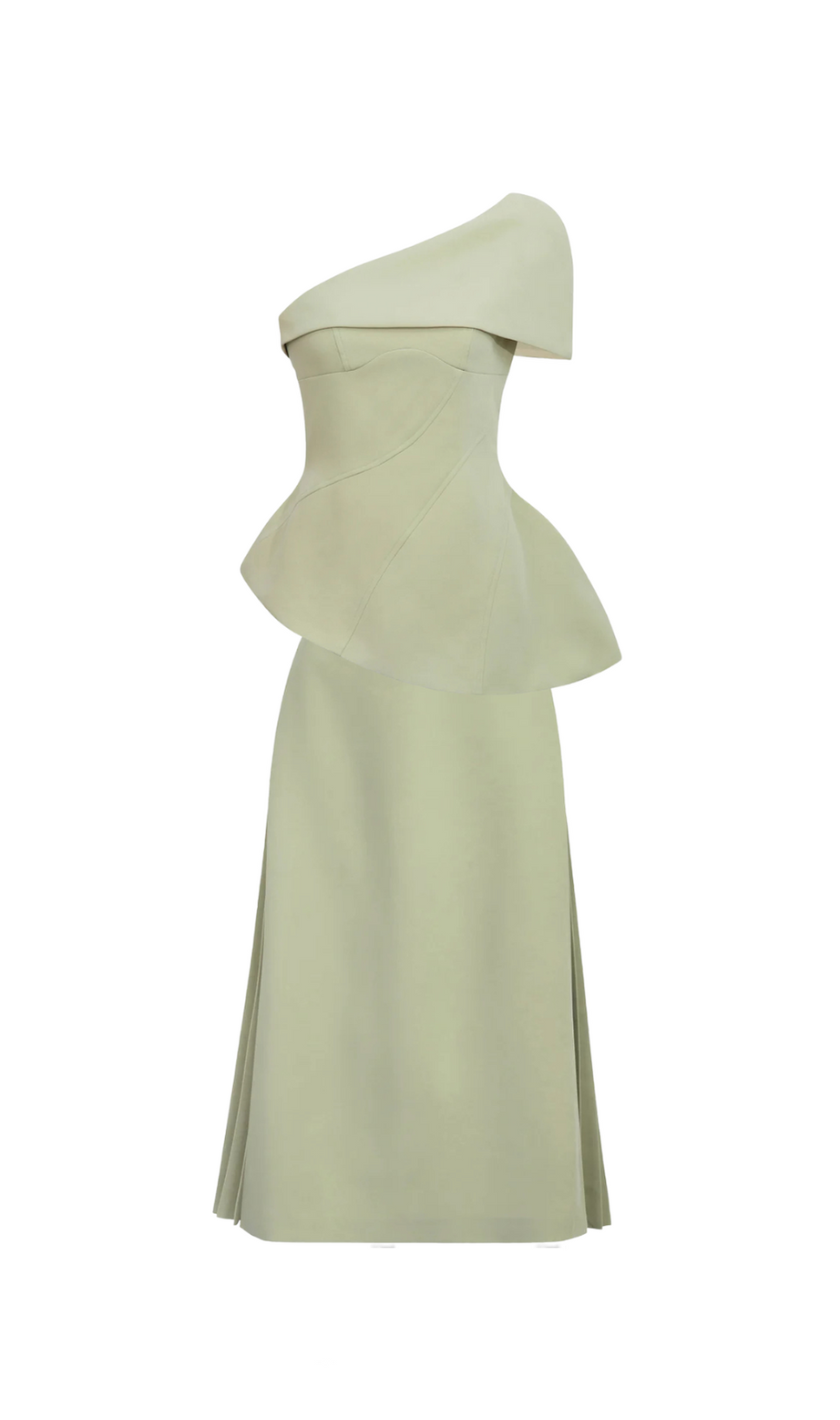 Completo gonna midi svasata con monospalla in verde oliva
