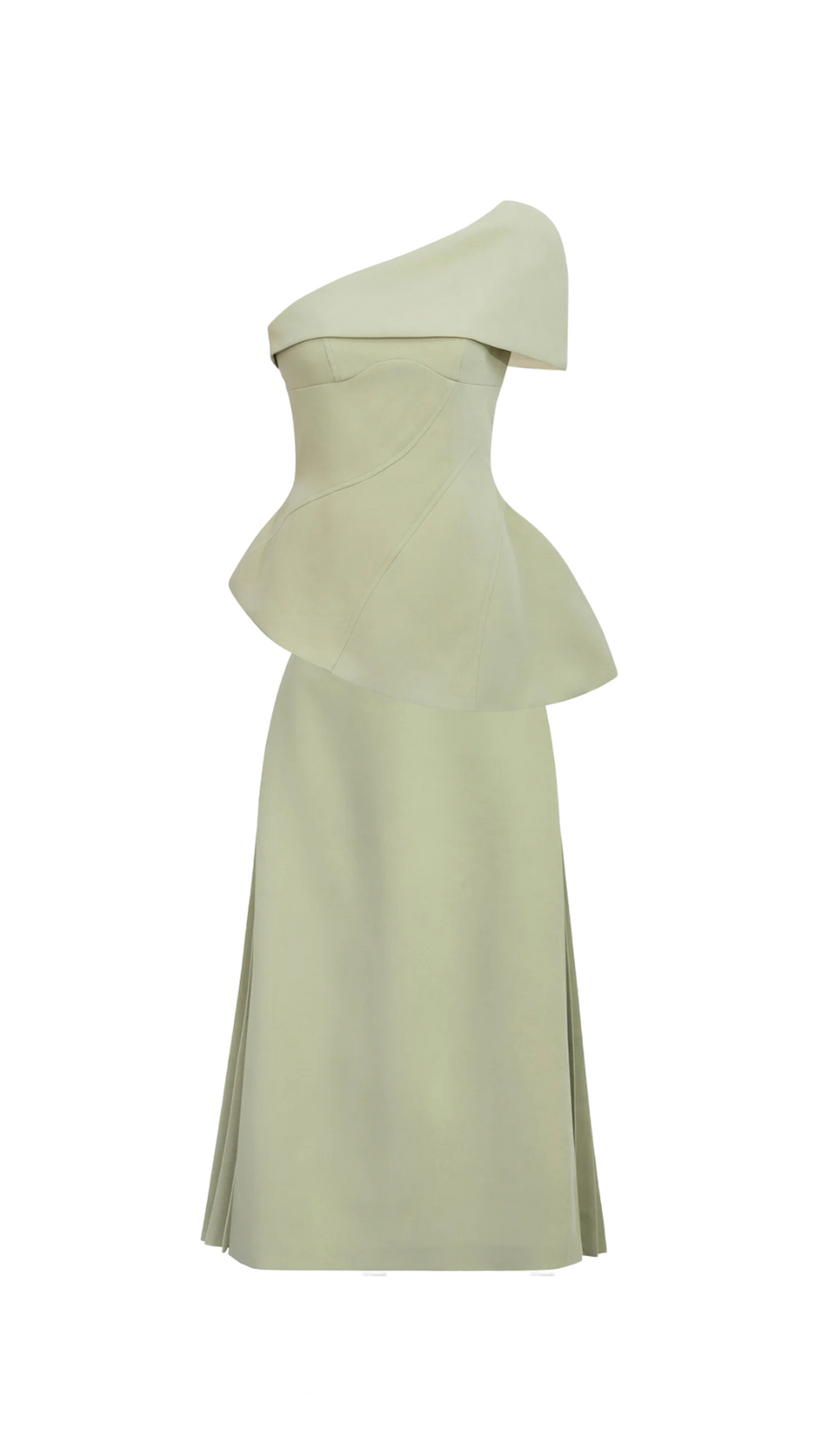 Completo gonna midi svasata con monospalla in verde oliva