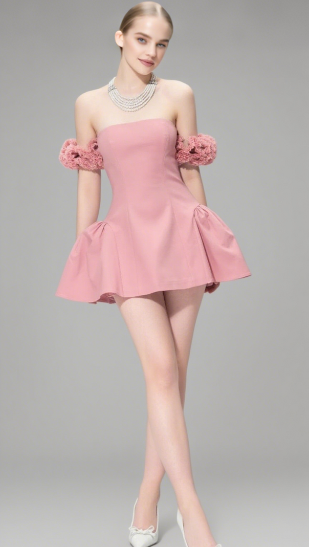 AIIZIE SHERRY FLOWER STRAPLESS PUFFY MINI DRESS IN PINK - product image