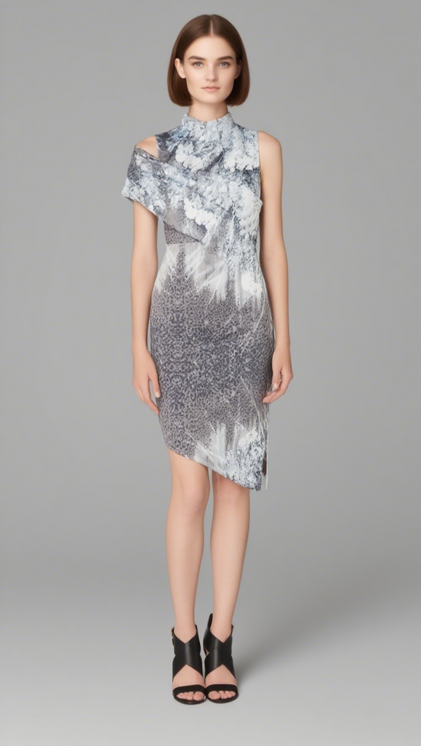 AIIZIE PRINT SATIN ASYMMETRICAL SLANTED HEM MINI DRESS - product image