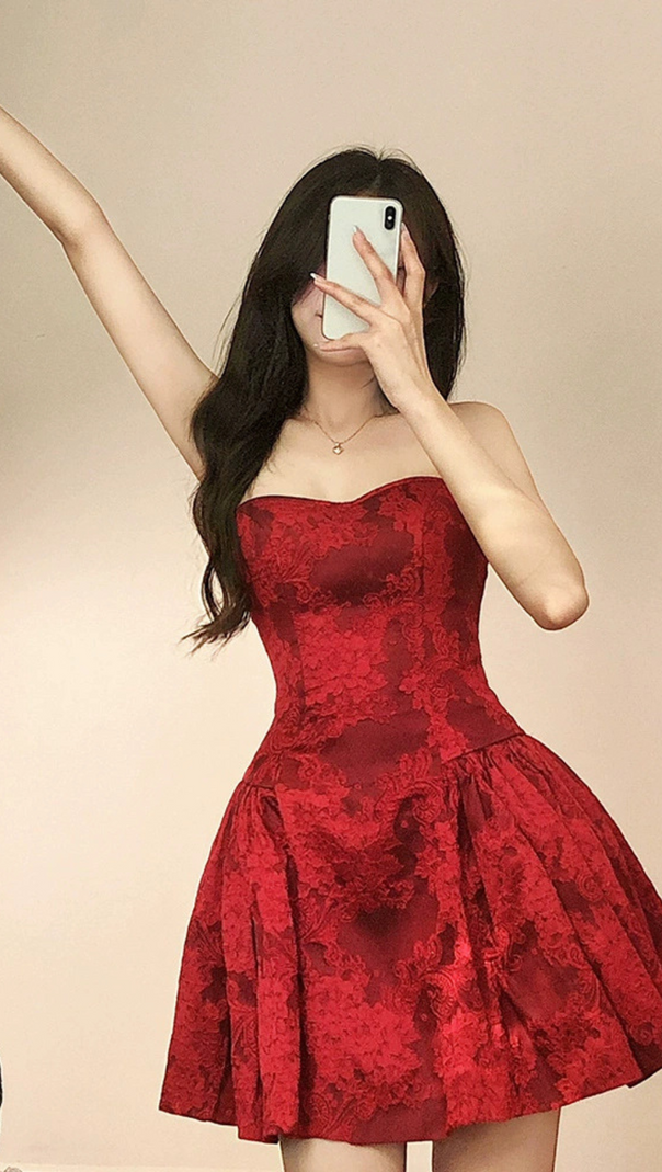 AIIZIE OFF SHOULDER PRINTED MINI DRESS IN RED - product image