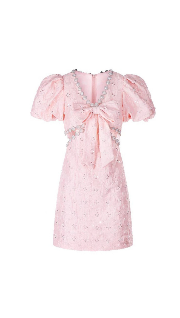 AIIZIE POPPY DIAMOND BUBBLE SLEEVED V-NECK DRESS IN PINK - product image