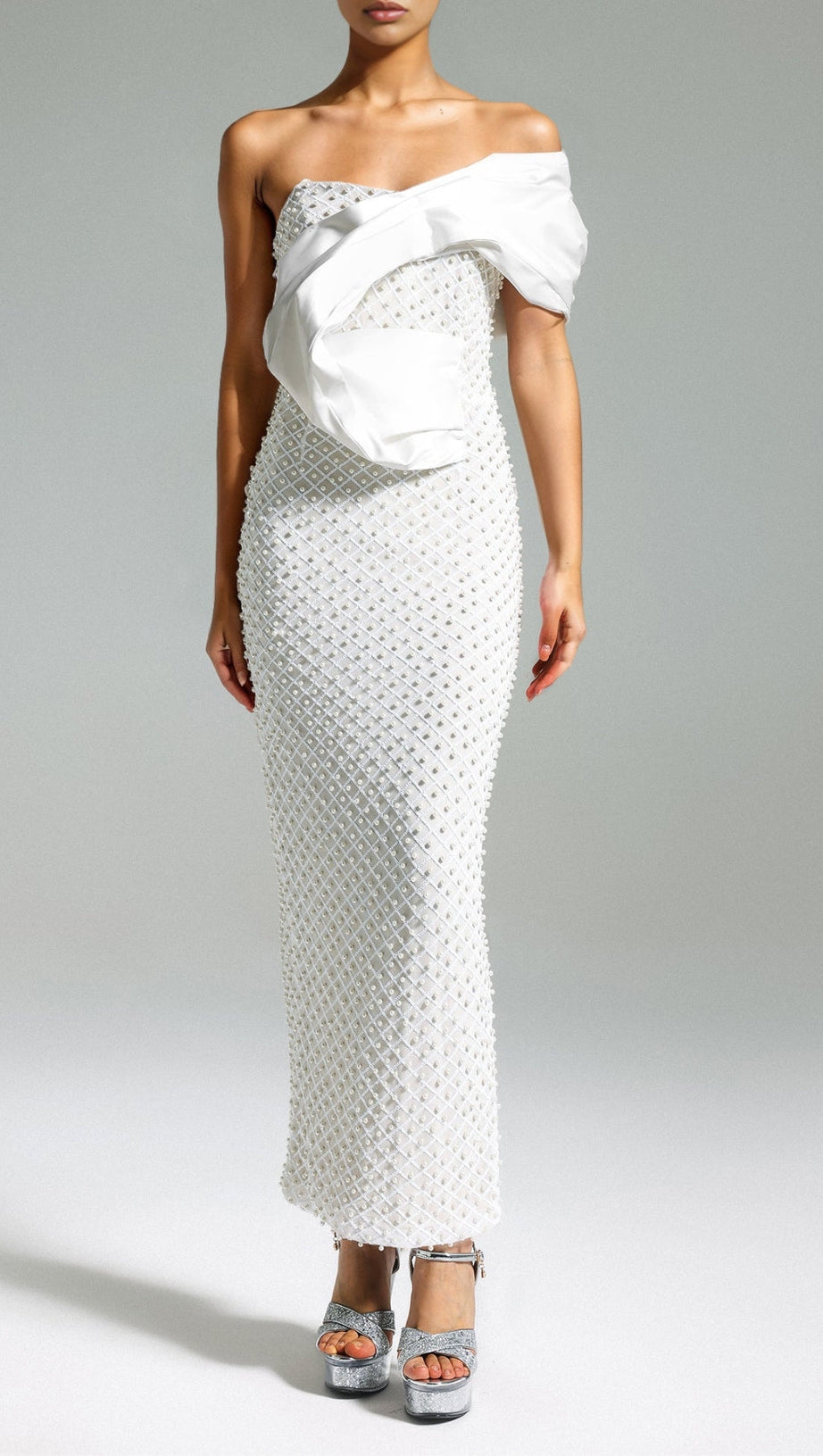 PEARL EMBELLISHED OFF-SHOULDER MIDI DRESS