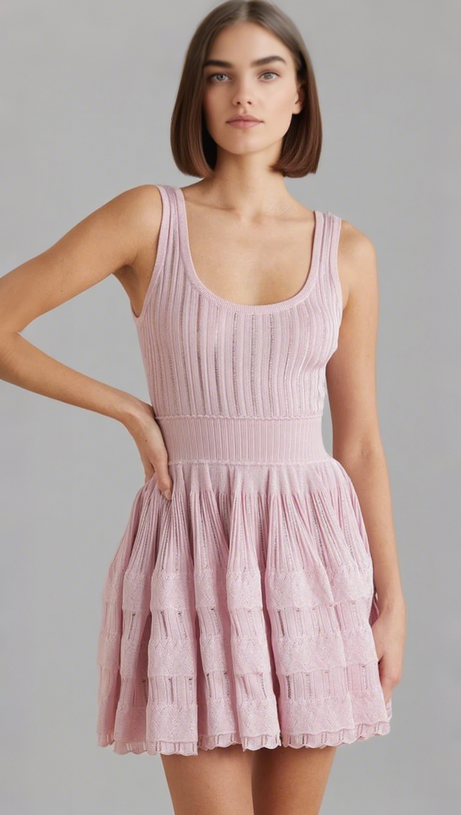 RIBBED POINTELLE KNIT MINI DRESS IN PINK