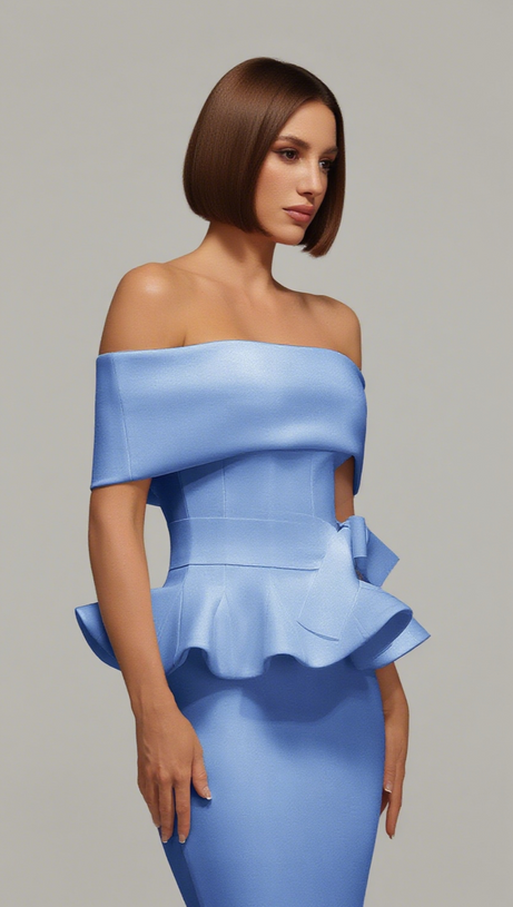 ABITO MIDI BLU CON SPALLE SCOPERTE E BORDI A VOLANT ELEANORE