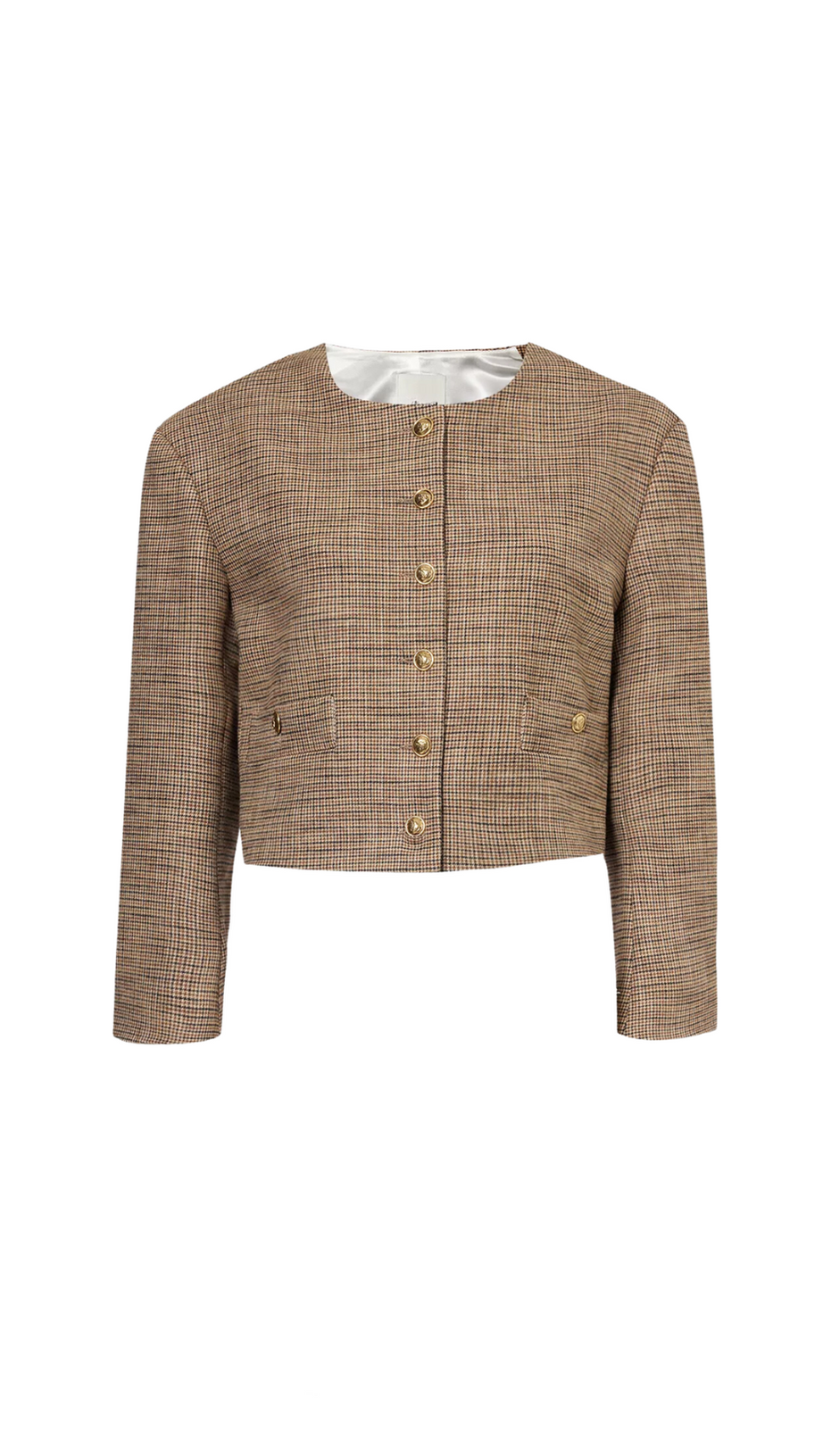 ROUND-NECK HOUNDSTOOTH-PATTERN WOVEN JACKET IN BRUNS