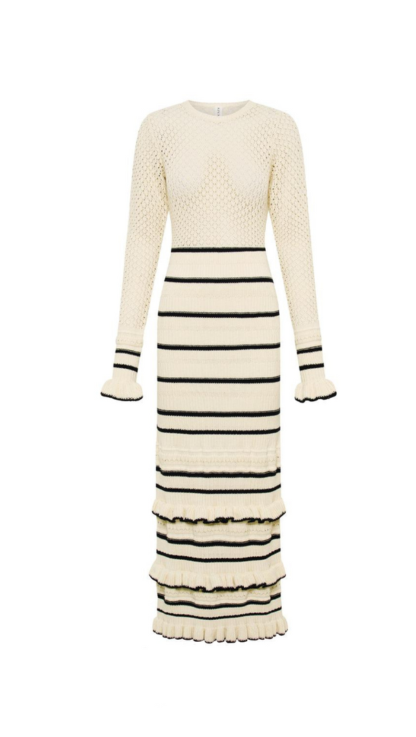 AIIZIE BRIDGET KNIT STRIPE FRILL MIDI DRESS IN WHITE - product image