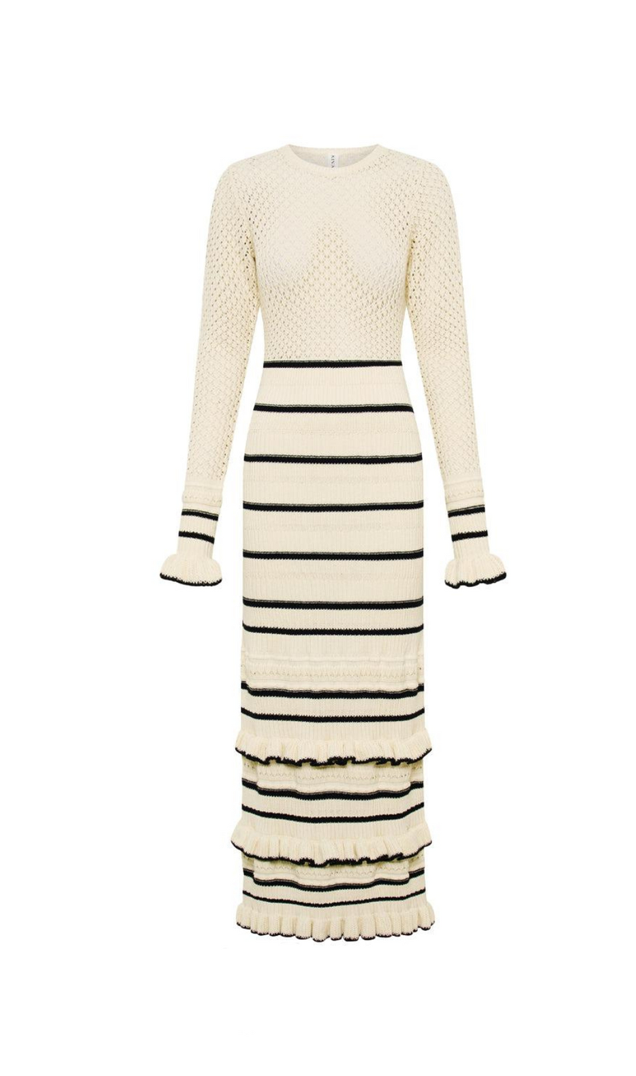 ABITO MIDI BRIDGET IN MAGLIA A RIGHE CON VOLANT, BIANCO