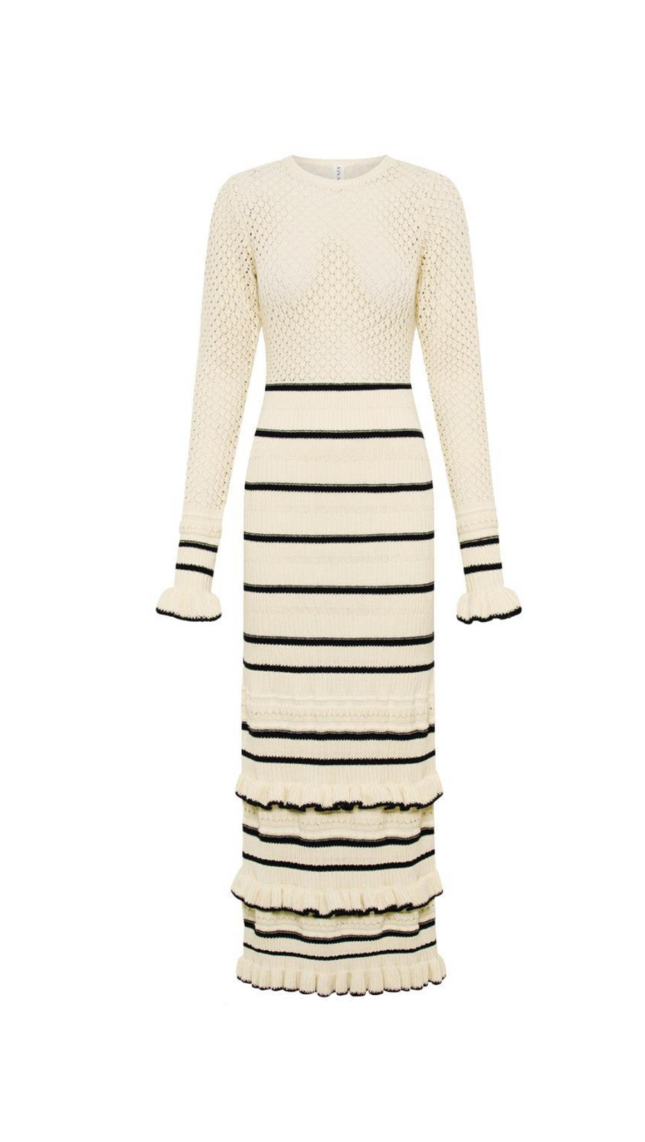 BRIDGET KNIT STRIPE FRILL MIDI DRESS IN WHITE