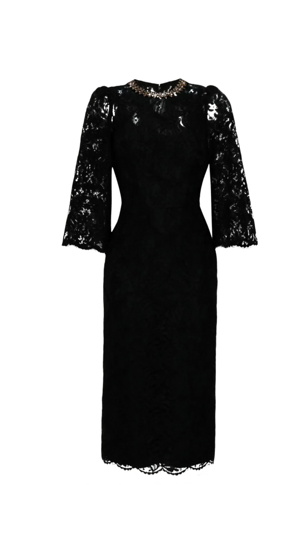 ACOTAS LACE CRYSTAL-EMBELLISHED MIDI DRESS IN BLACK