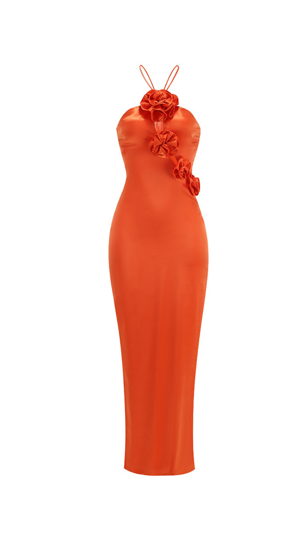 AIIZIE VERNA ORANGE 3D FLOWER DETAILED CUTOUT MAXI DRESS - product image
