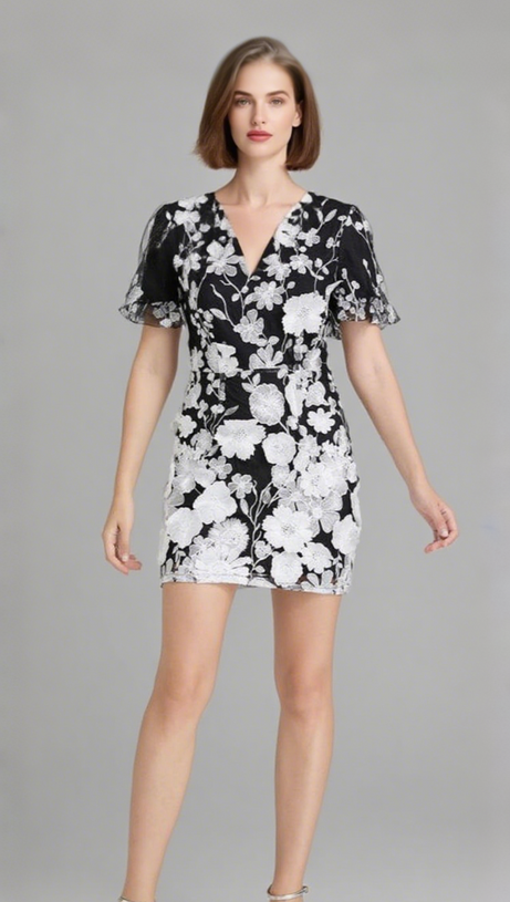 LETITIA 3D FLORAL EMBROIDERY MINI DRESS IN BLACK