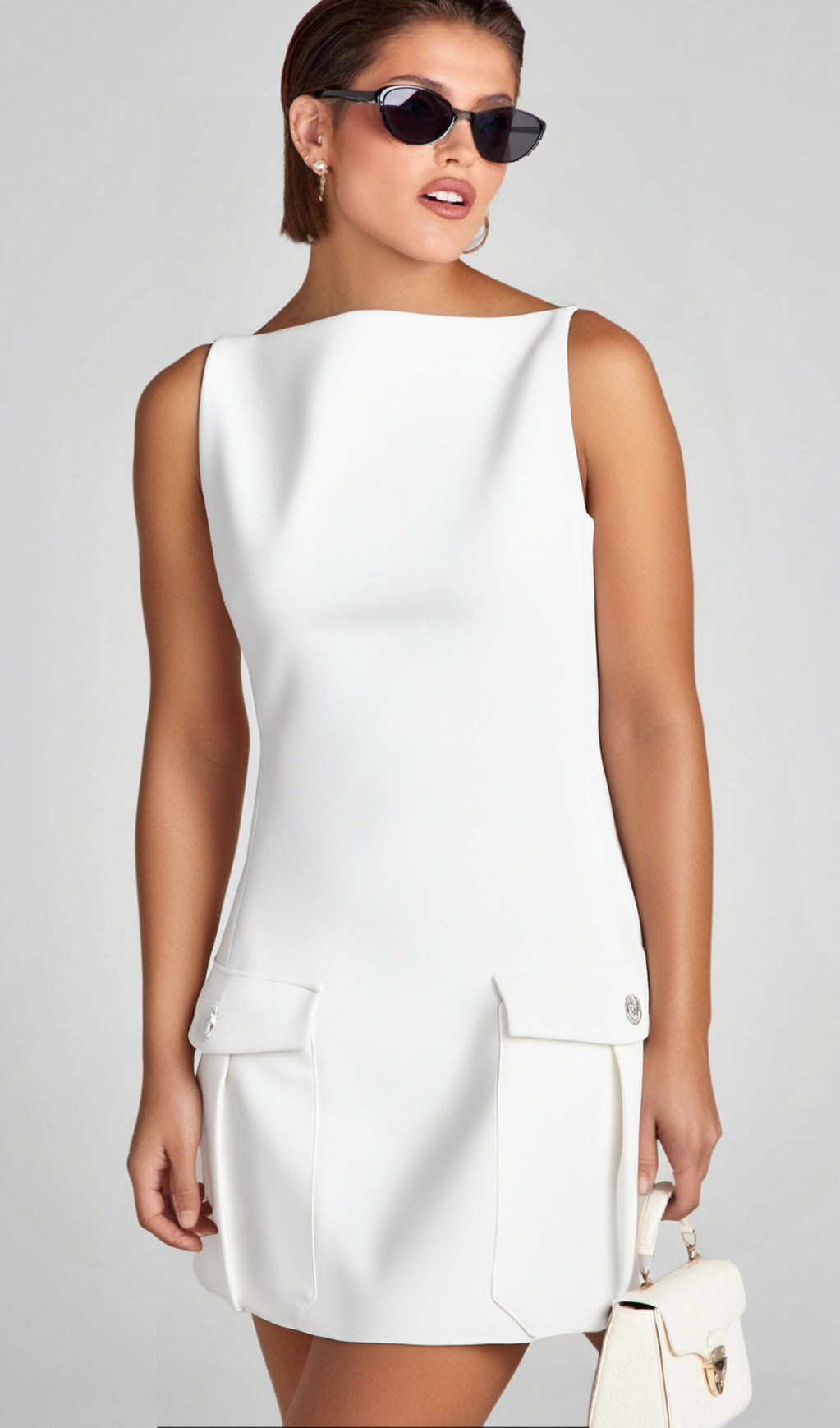 STRETCH CREPE STRAPLESS MINI DRESS IN WHITE
