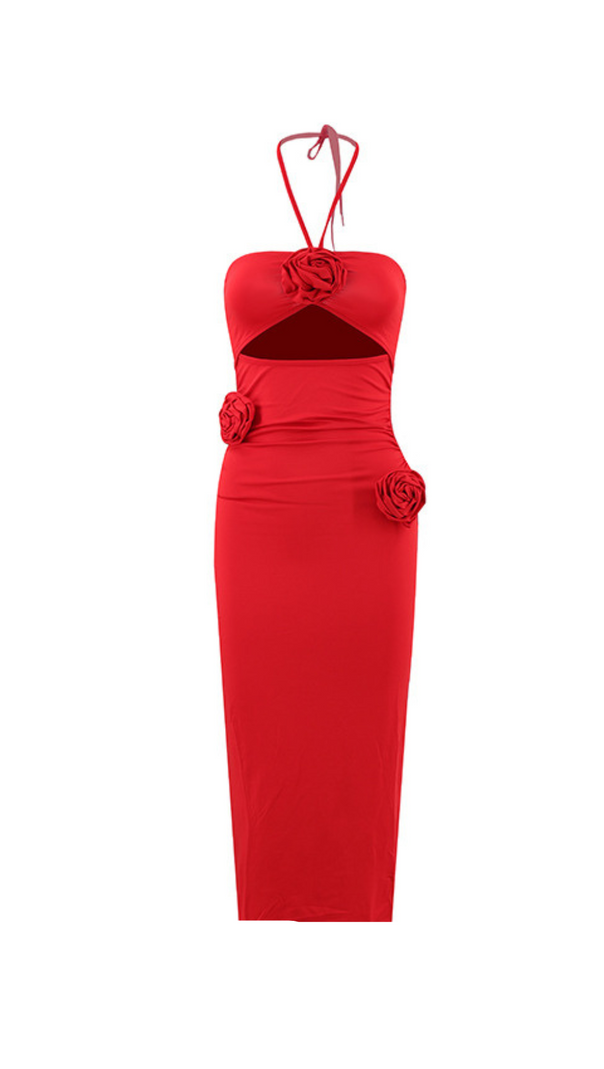 AIIZIE FLOWER HALTER CUT OUT DRESS IN RED - product image