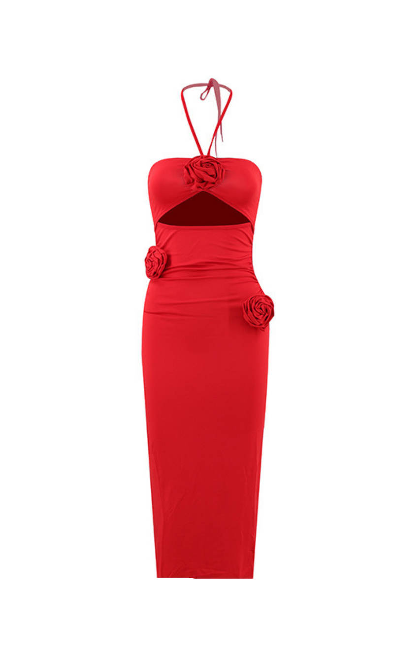 Flower Halter Cut Out Dress in red