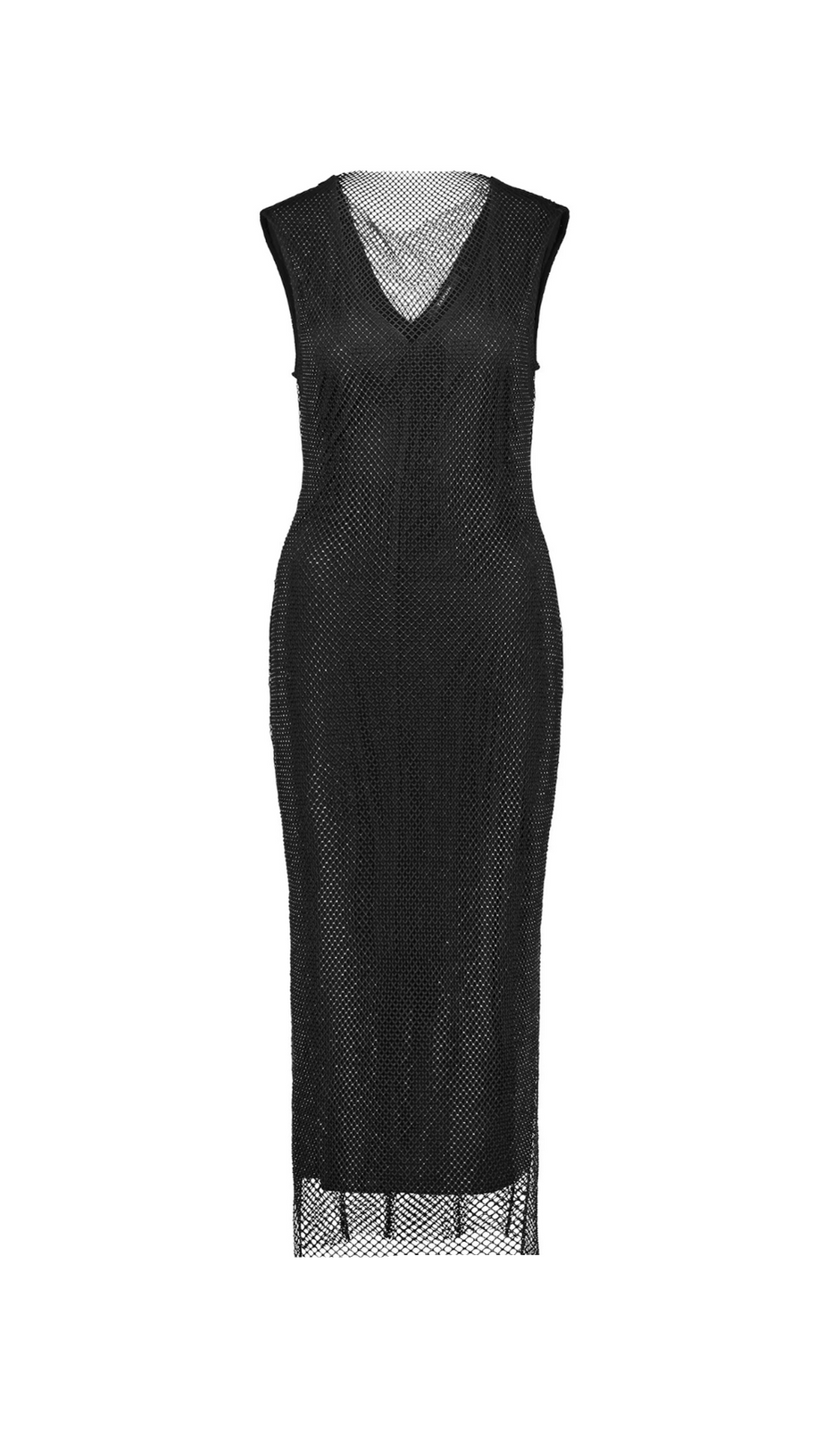 SLEEVELESS MESH SHIFT MIDI DRESS IN BLACK