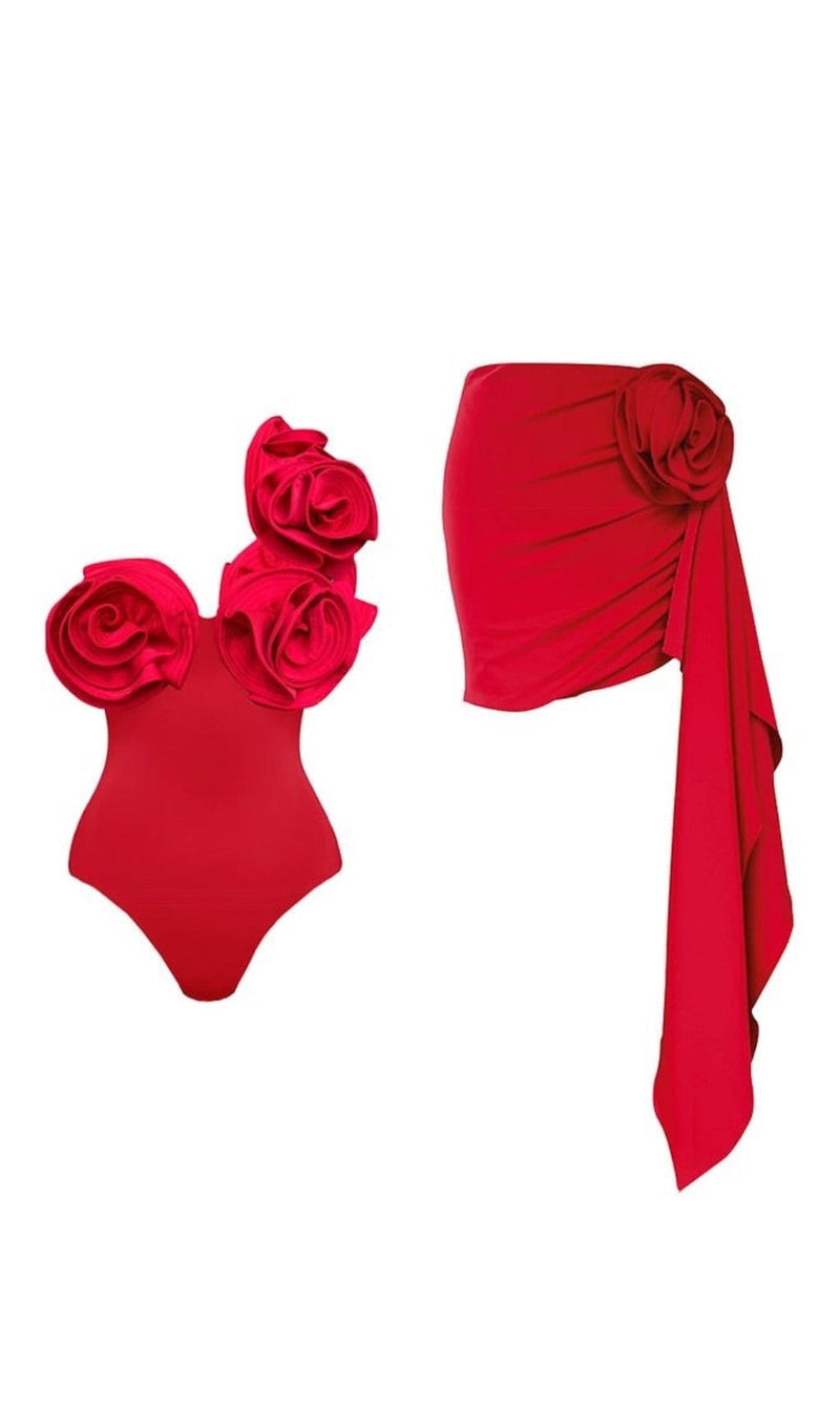 FLOWER SHOULDER SWIMSUIT IN RED