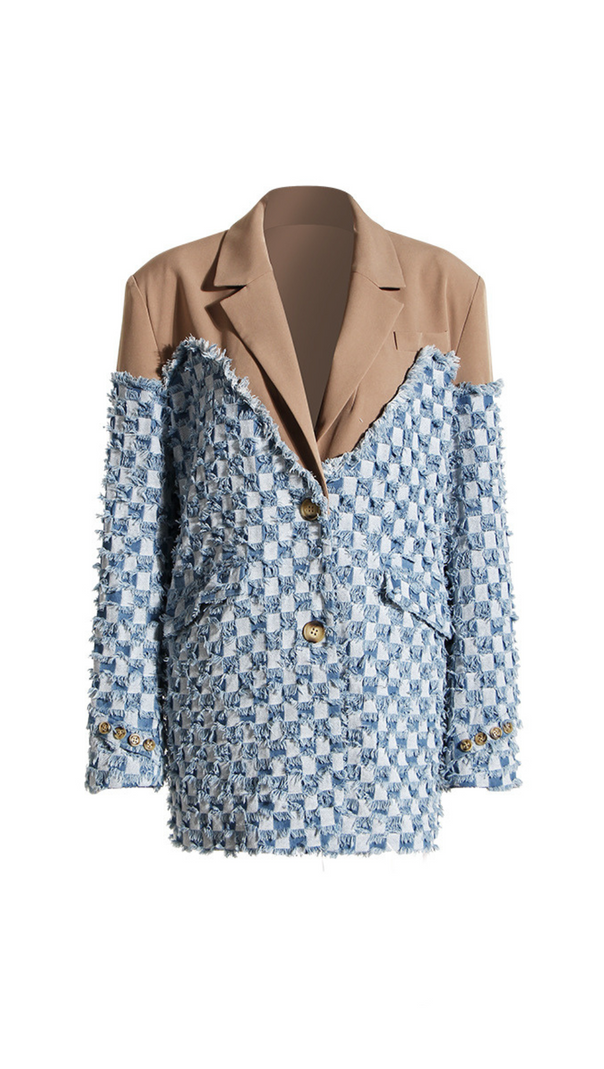AIIZIE TWO-TONE DENIM CHECKS BLAZER IN KAHKI - product image