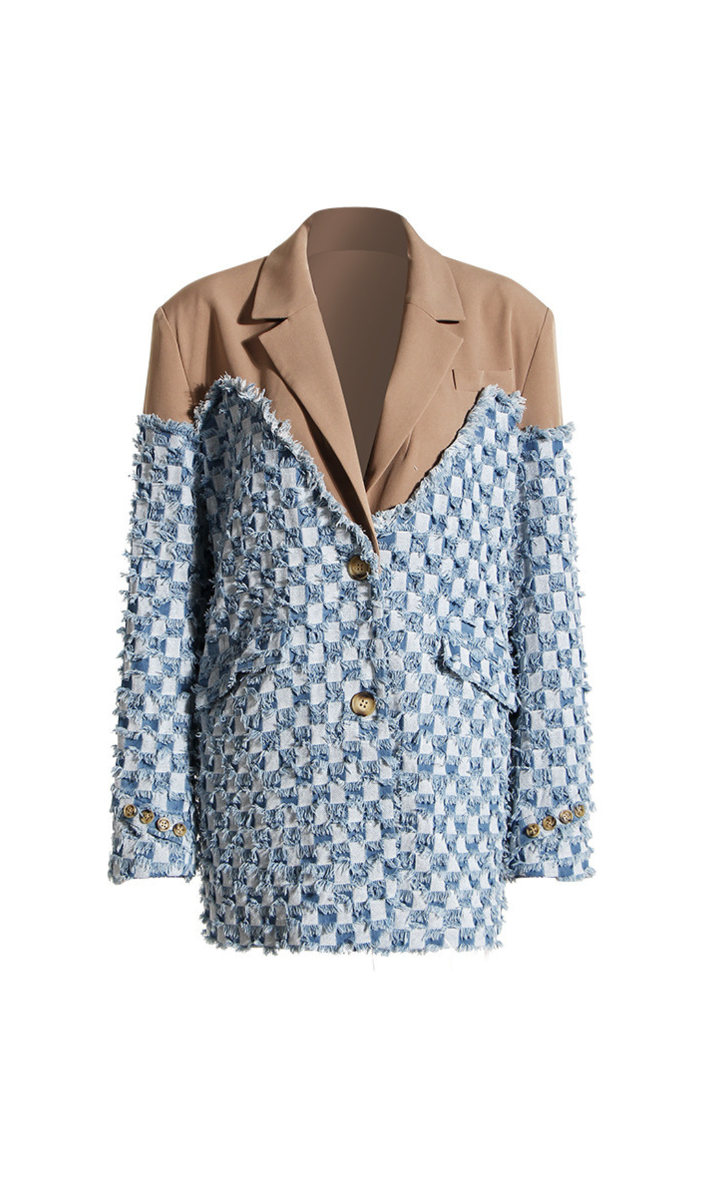 TWO-TONE DENIM CHECKS BLAZER IN KAHKI