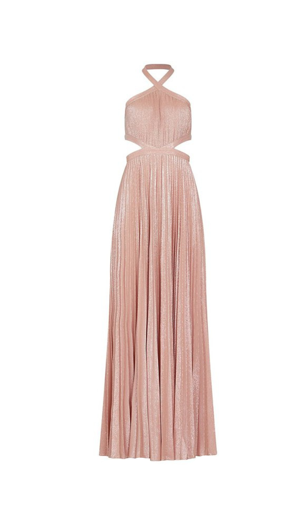 NANCY HALTER CUTOUT PLEATED GOWN IN PALE PINK