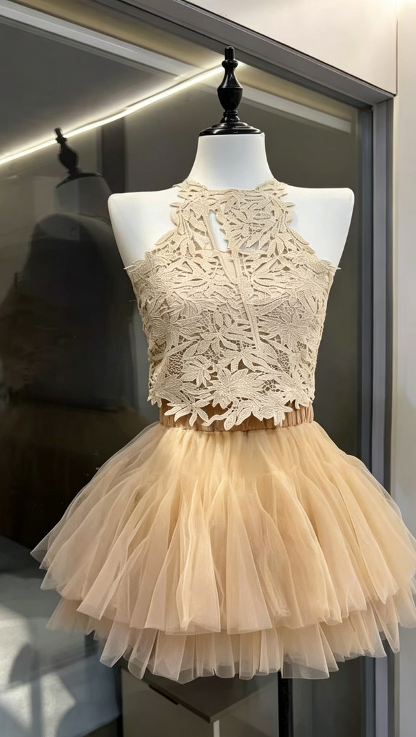 Halter Lace Corset & Puffy Tulle Skirt Two-Piece Set