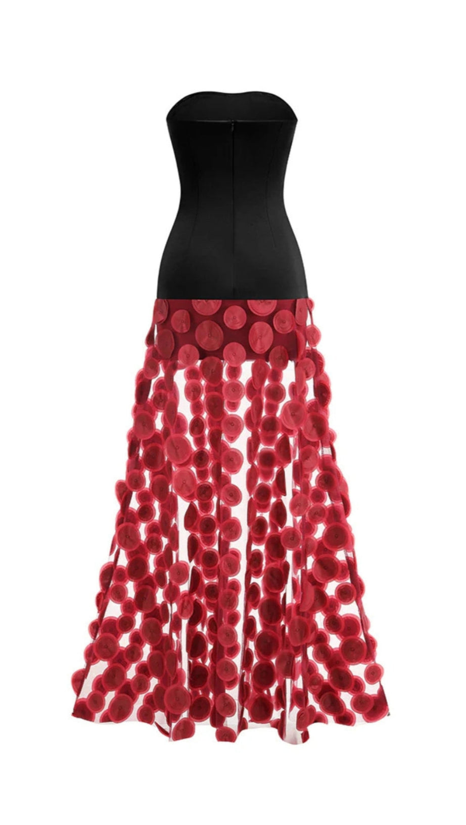 NODIN STRAPLESS DOT MESH MAXI DRESS IN RED