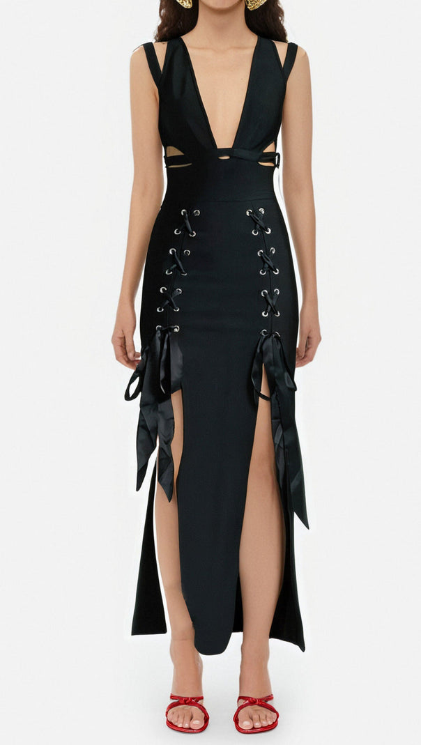 AIIZIE HOLLOW DOUBLE SLIT RIBBON MIDI DRESS IN BLACK - product image