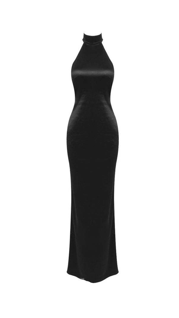 AIIZIE MIGNON SATIN BELT BACKLESS PEARL EMBELLISHED MAXI DRESS IN BLACK - product image