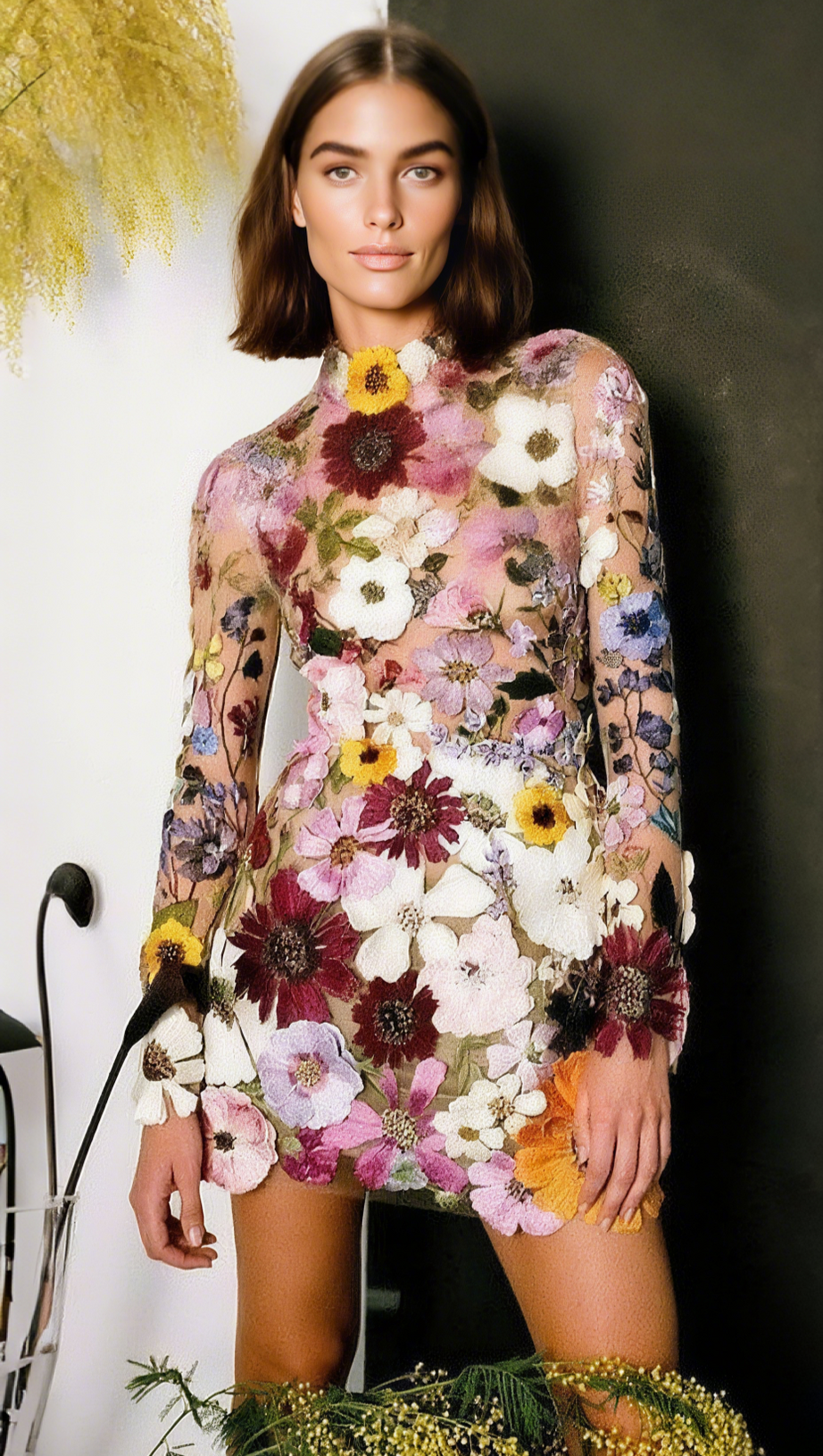 EMBROIDERED FLOWER LONG SLEEVE MINI DRESS